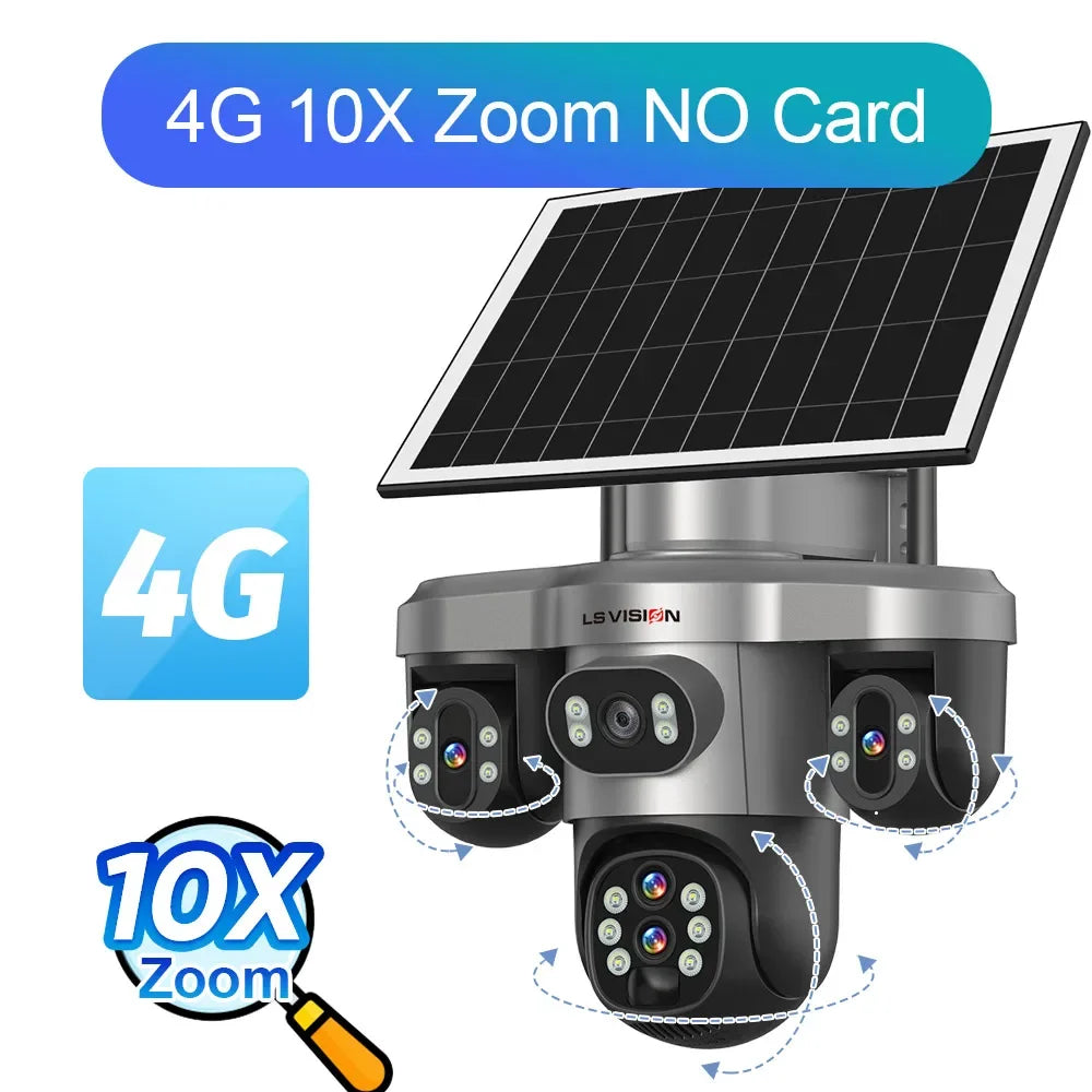 Caméra Solaire LS VISION 20MP 4 Objectifs 3 Écrans PTZ Zoom 10x 4G/Wi-Fi IP66 V380 Pro – CLEVI Paris