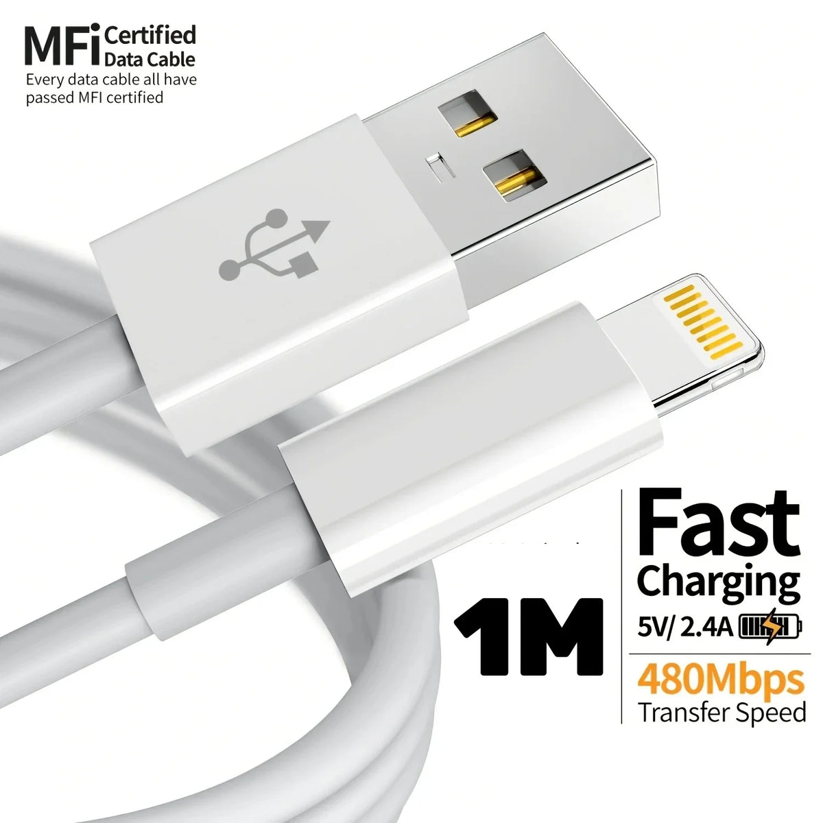 Câble Lightning vers USB-A Certifié MFi 2,4A Charge Rapide iPhone 1m – CLEVI Paris
