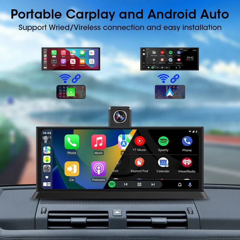 Écran CarPlay Android Auto Portable 10,26" – Dashcam 4K Objectif Rotatif Bluetooth Radio Universel – CLEVI Paris