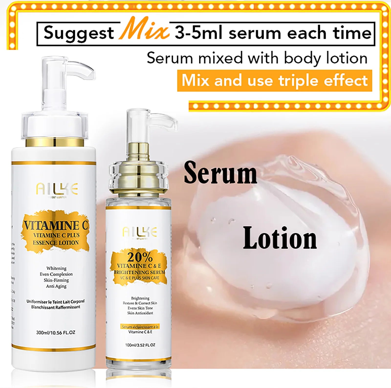 Gamme Soins Corps & Visage AILKE Vitamine C+E – Éclaircissant, Anti-Taches & Raffermissant – CLEVI Paris