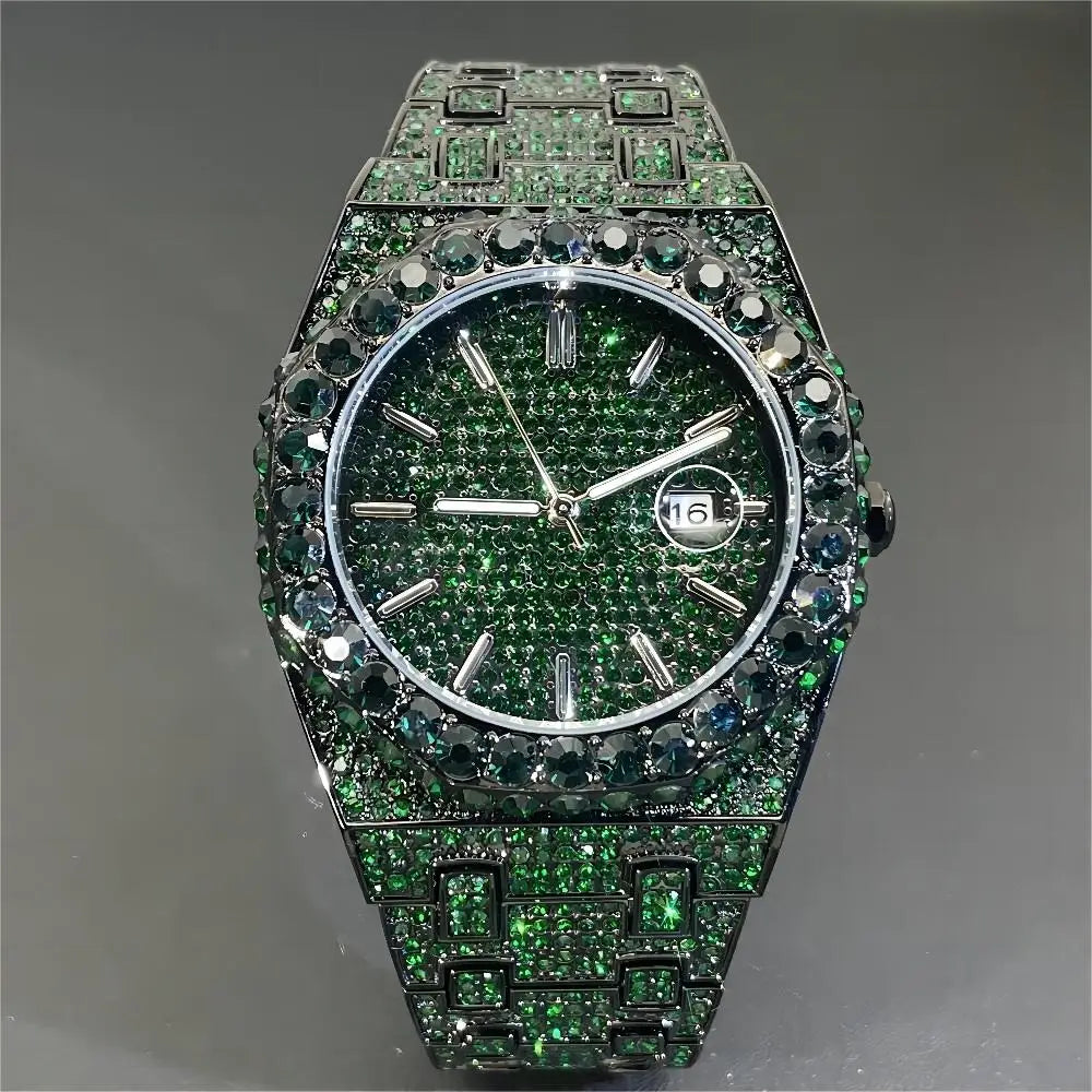 MISSFOX V359 – Montre Quartz Homme Hip Hop | Full Diamants, Plaqué Or 18K, Acier Inoxydable