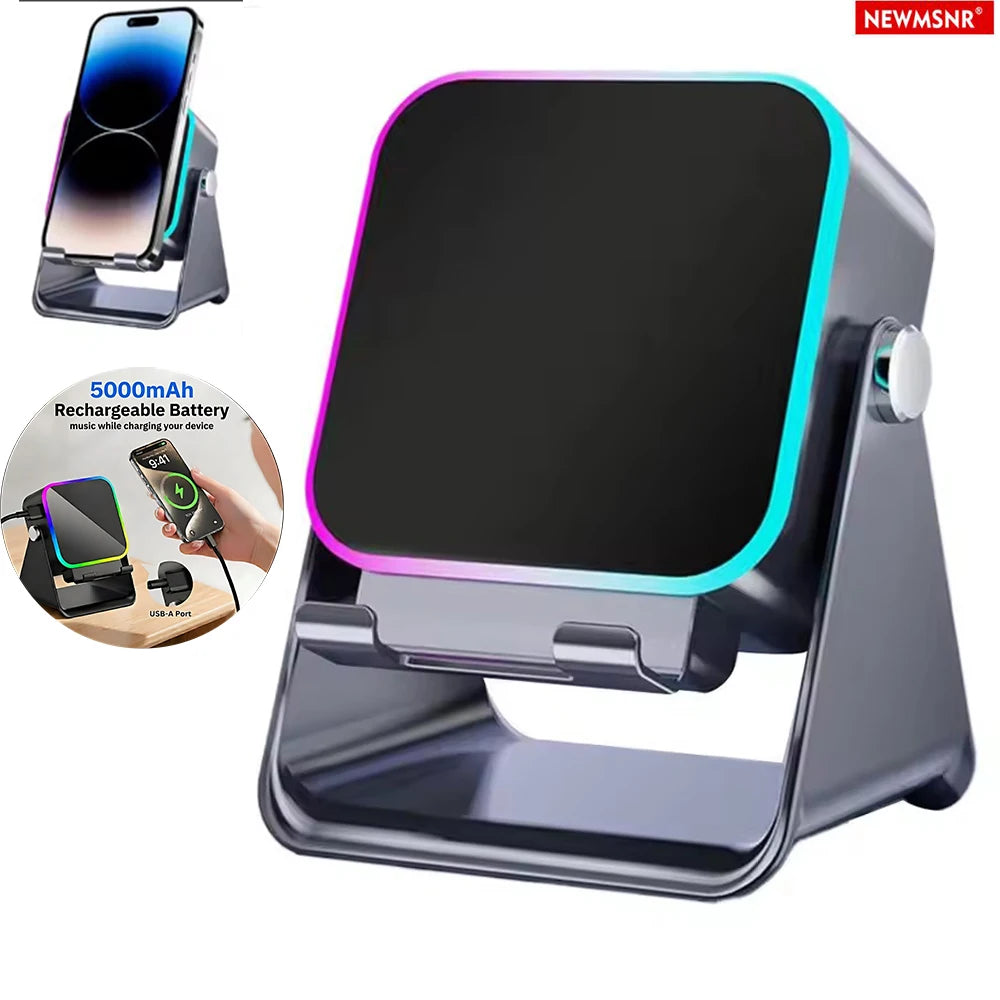 Support Téléphone 5-en-1 – Enceinte Induction HiFi, 8 LED RGB, Power Bank 5000mAh | Newmsnr