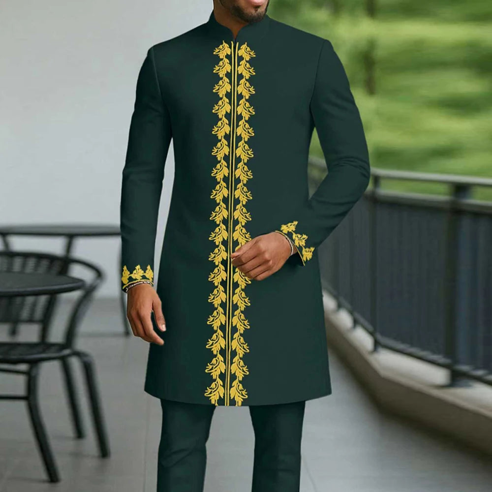 Ensemble Kaftan Homme Col Rond Manches Longues Tenue Africaine Traditionnelle 2 Pièces – CLEVI Paris