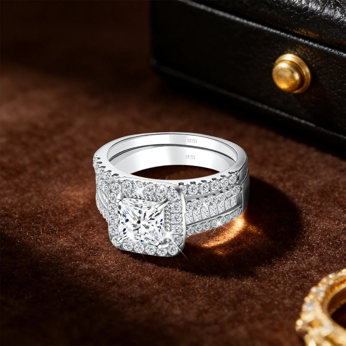 Coffret 2 Bagues Fiançailles Femme – Moissanite Taille Princesse 1,5CT Argent 925