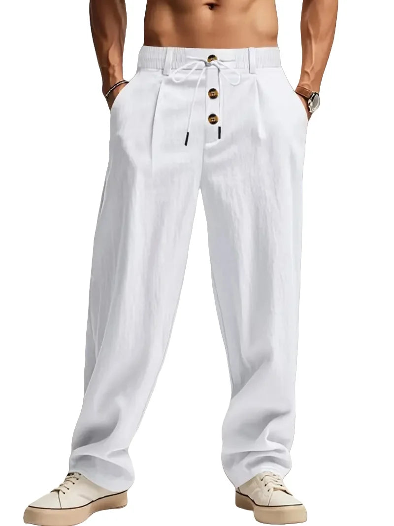 Pantalon Homme Lin Coupe Droite Loose Casual Sport Plage Cordon Taille Mi-Haute – CLEVI Paris