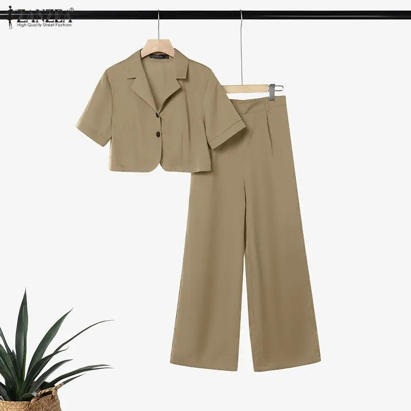 Ensemble 2 Pièces Femme Crop Top Col Rabattu Manches Courtes Boutonné + Pantalon Large Taille Haute Élastique Poches Casual OL Marron Kaki Marine – CLEVI Paris