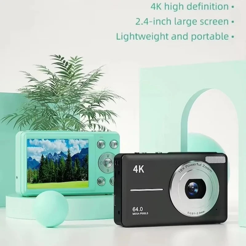 Appareil Photo Numérique 4K 64MP Autofocus – Zoom 18x, Écran 2,4", Anti-Secousses, Webcam, Vlog, 3 Coloris, SD en Option