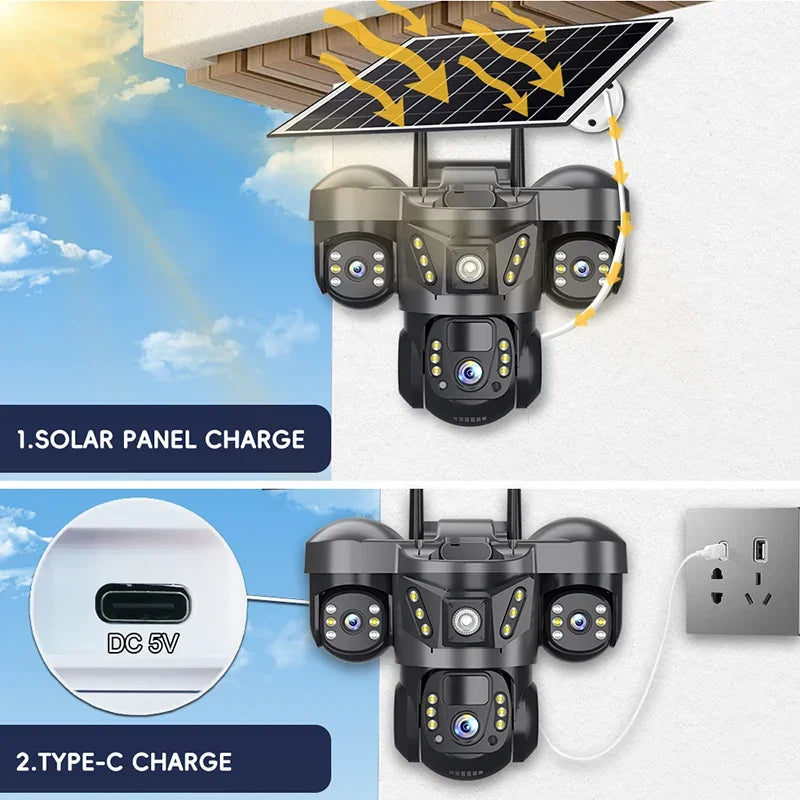 Caméra Solaire 4G Triple Objectif 15MP – Triple Écran Batterie 8000mAh Panneau 8W IP66 – CLEVI Paris