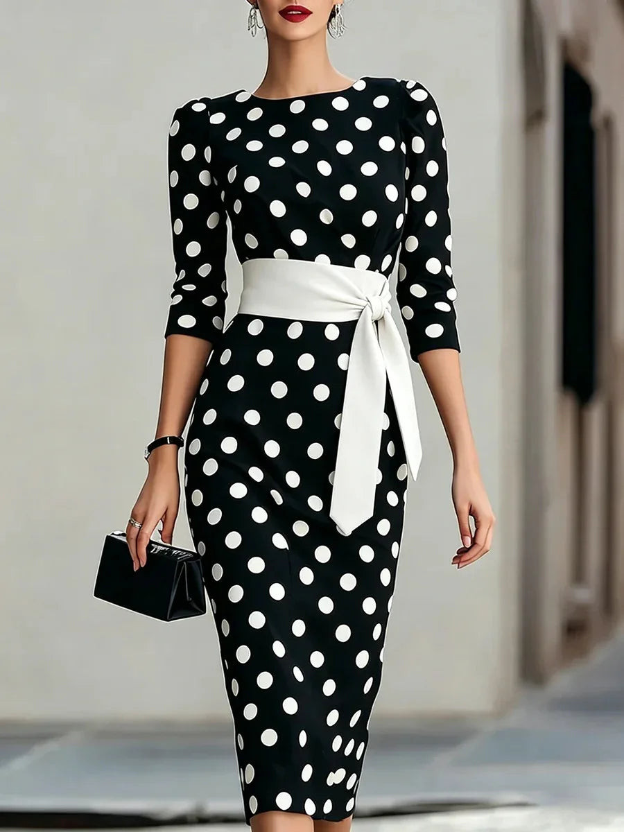 Robe Midi Femme Crayon Manches 3/4 Col Rond – CLEVI Paris