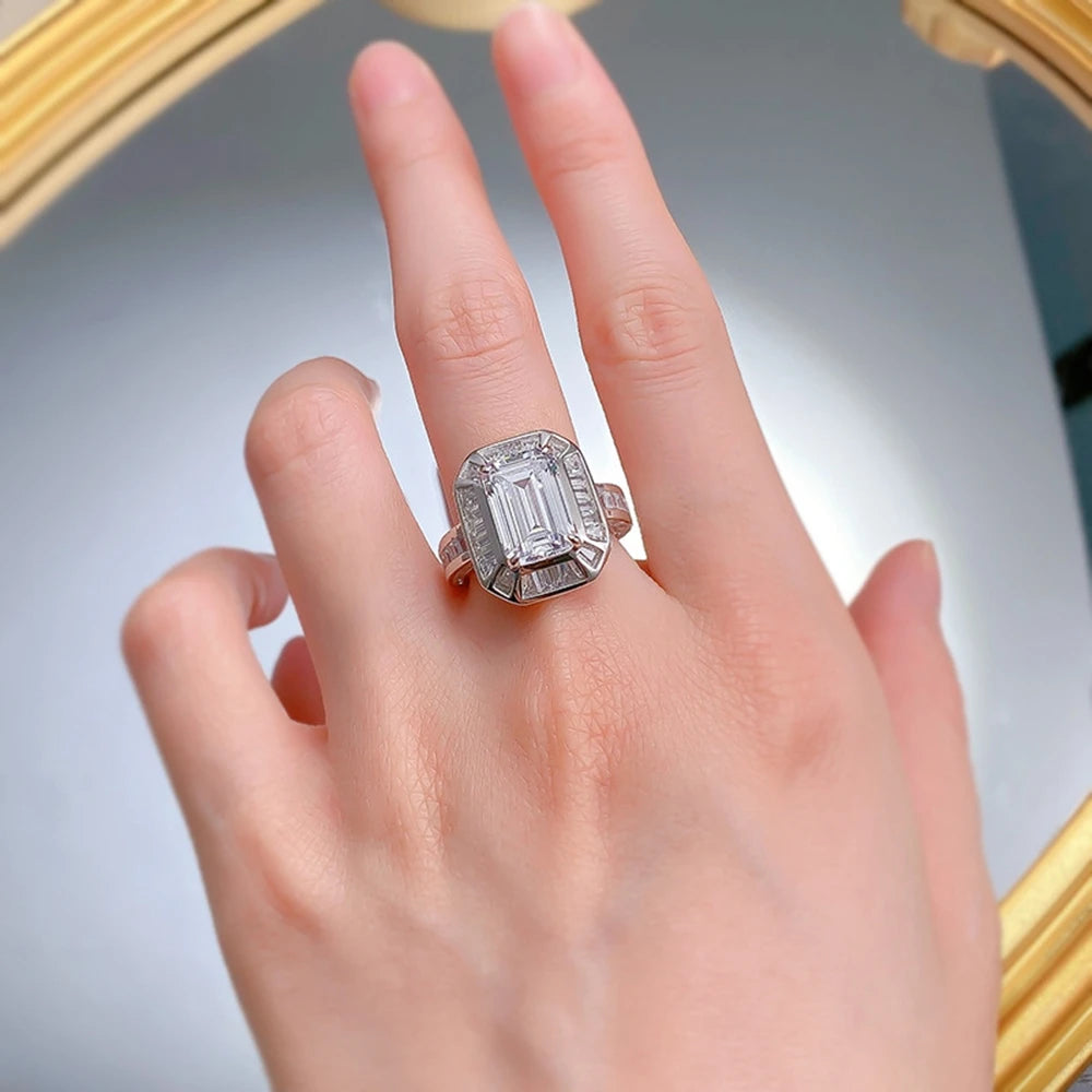 Bague Fiançailles Saphir Lab Taille Émeraude 8×12mm | Diamant Haute Carbone Argent 925 – CLEVI Paris