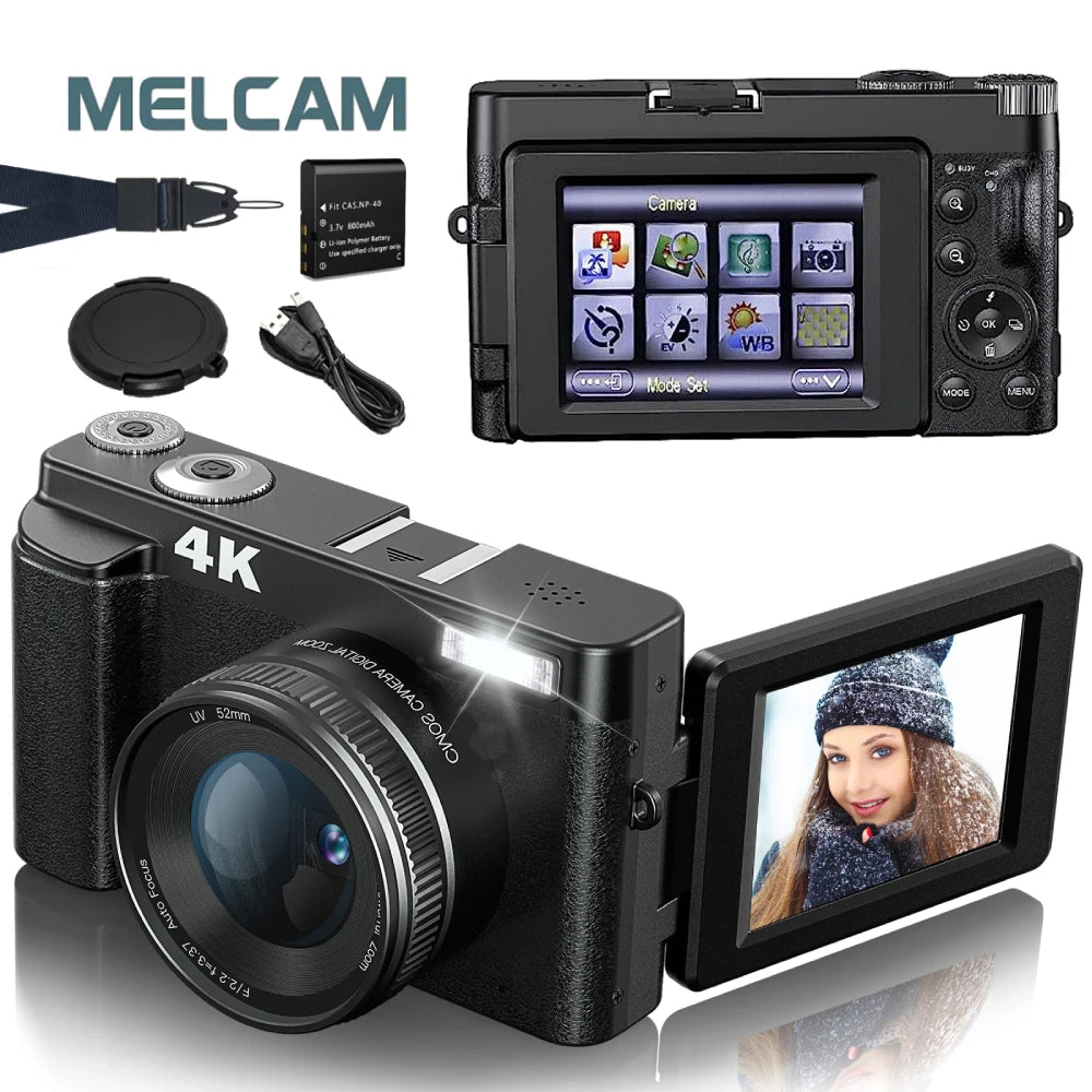 Appareil Photo Compact 4K 48MP MELCAM – Écran 3" Rabattable 180°, Autofocus, Anti-Flou, Flash