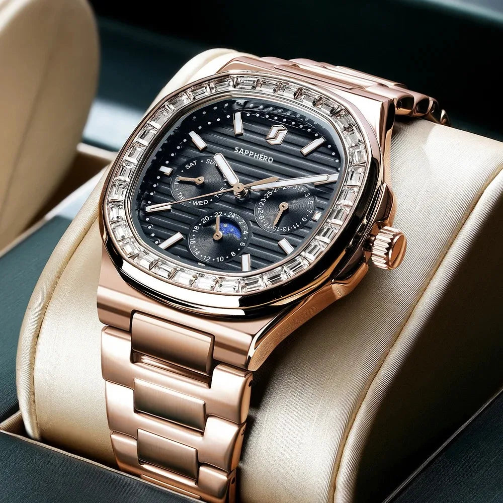 Montre SAPPHERO SO2201 – Quartz Or Rose, Cadran Diamant, Acier Inoxydable 40 mm, Aiguilles Lumineuses, Anti-Magnétique, Étanche 3 ATM – CLEVI Paris