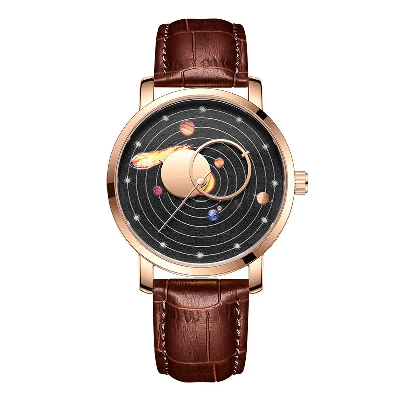 Montre Quartz Homme Cadran Système Solaire Planètes Or Rose Cuir – CLEVI Paris