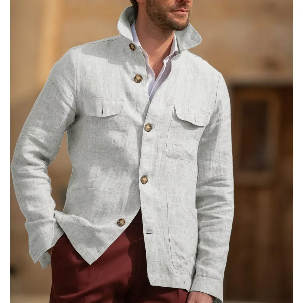 Veste Safari Lin Homme Col Montant – CLEVI Paris