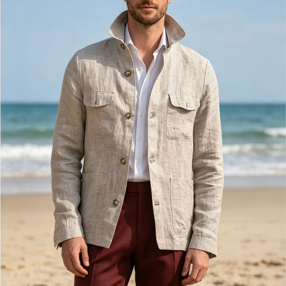 Veste Safari Lin Homme Col Montant – CLEVI Paris