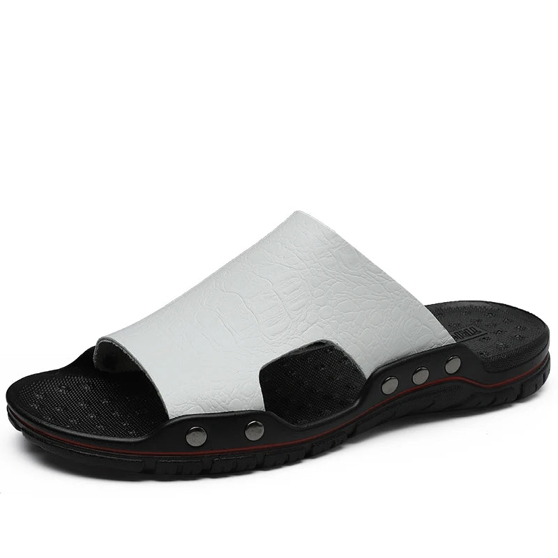 Fashion New Men's Crocodile Embossed Leather Slippers Casual Sandals For Men Summer Open Toe Beach Garden Shoes Flip Flops