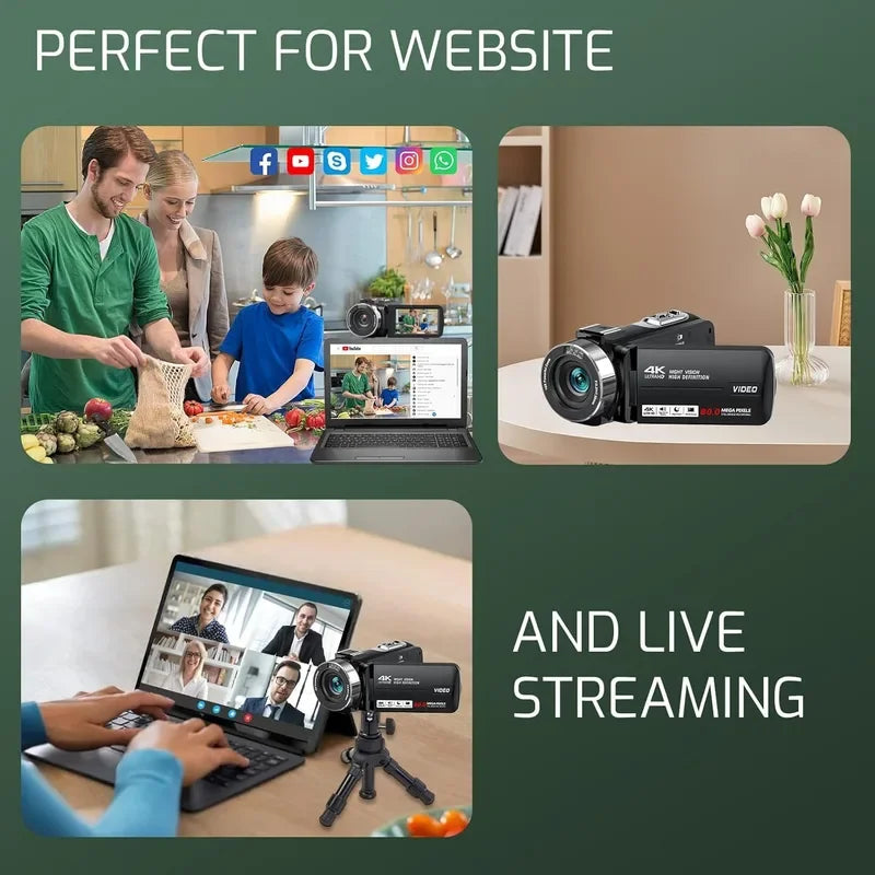 Caméscope 4K SKIG – Écran IPS 3" Rotatif 270°, Vision Nocturne IR, Zoom 18x, Carte SD Incluse