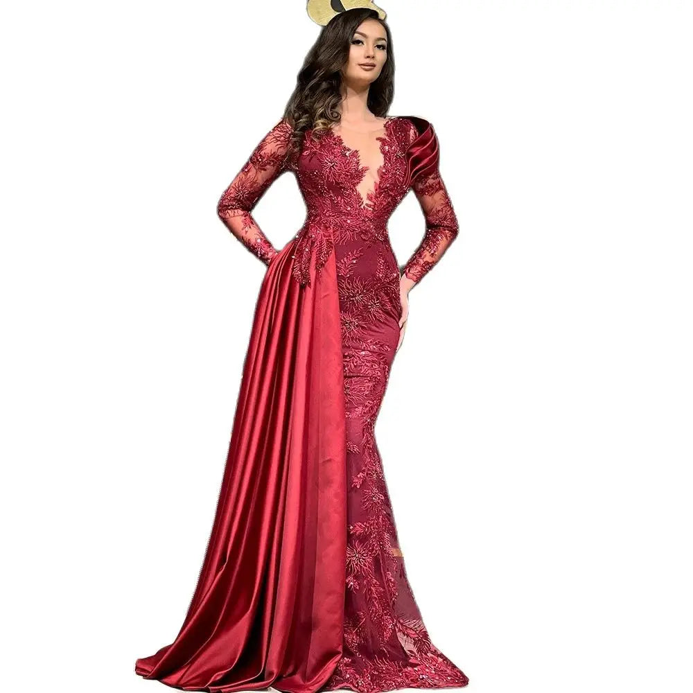 Robe de soirée sirène perlée manches longues – CLEVI Paris