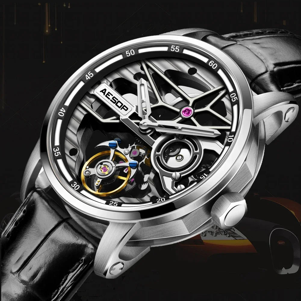 AESOP 7053 Montre Homme Tourbillon Squelette Saphir Diamant Étanche 5ATM – CLEVI Paris