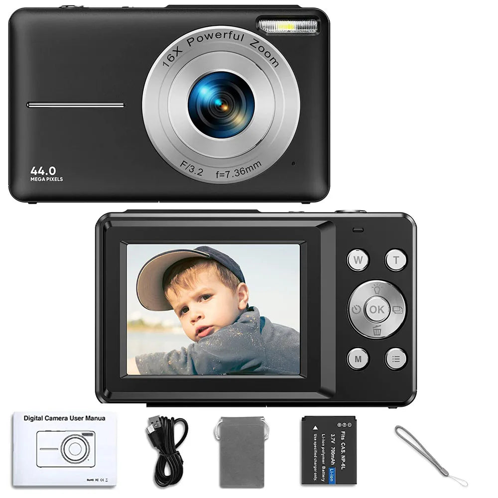 Appareil Photo Numérique Compact 44MP – Vidéo 1080P Zoom 16x Écran 2,4" Webcam Anti-Shake Enfants Débutants – CLEVI Paris