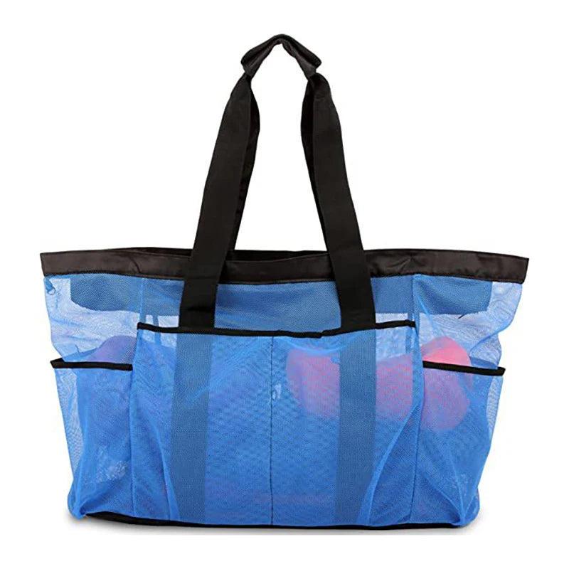 Grand Sac de Plage en Filet Nylon — Multi-Poches, Léger & Pliable, Bleu Noir Jaune | CLEVI Paris