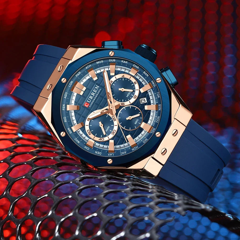 Montre Quartz Homme CURREN 8464 – Chronographe Lumineux, Silicone & Écrin | 10 Coloris