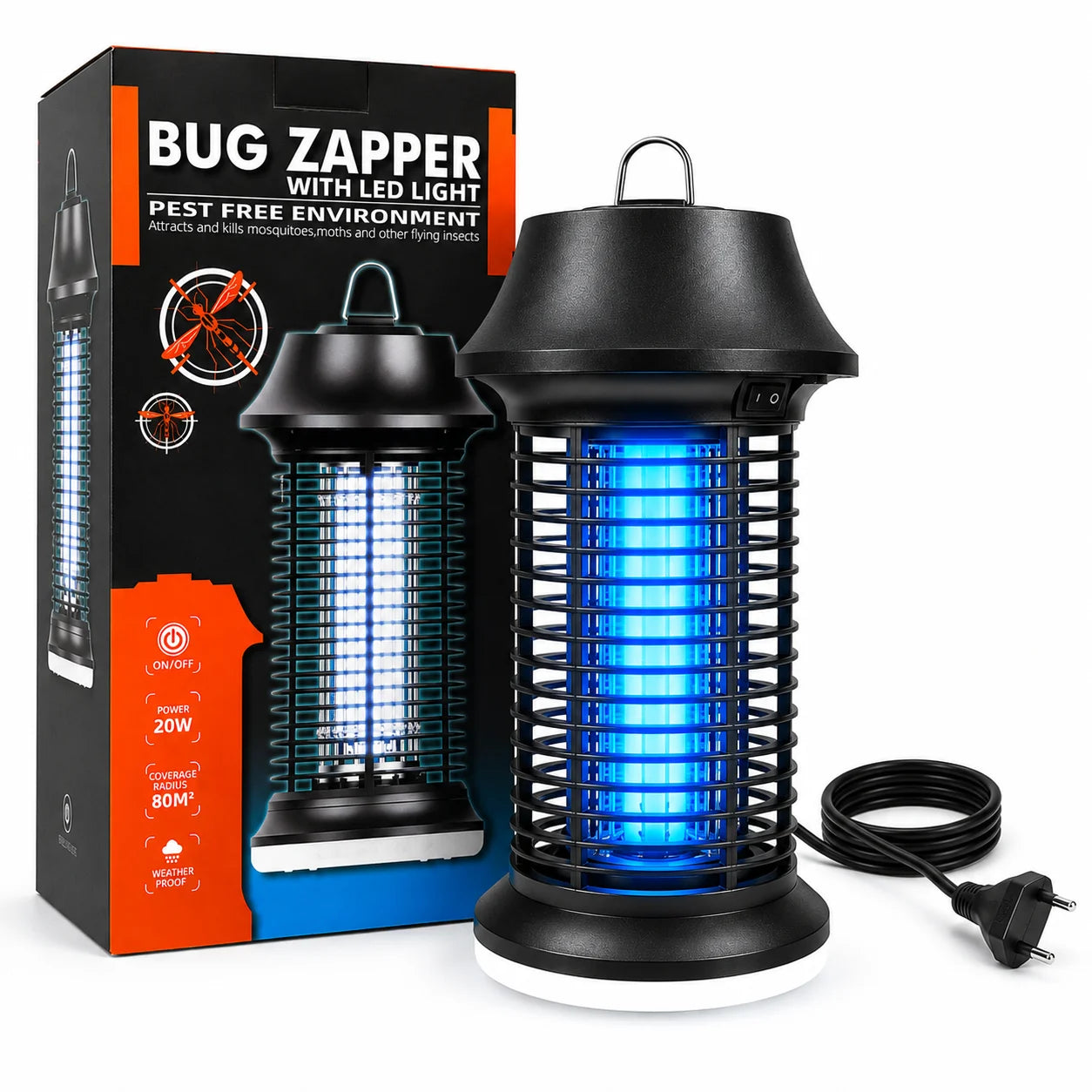 Lampe Anti-Moustiques UV 15W 2-en-1 + Lumière LED – IPX4 Étanche, 360°, Maison, Jardin & Camping