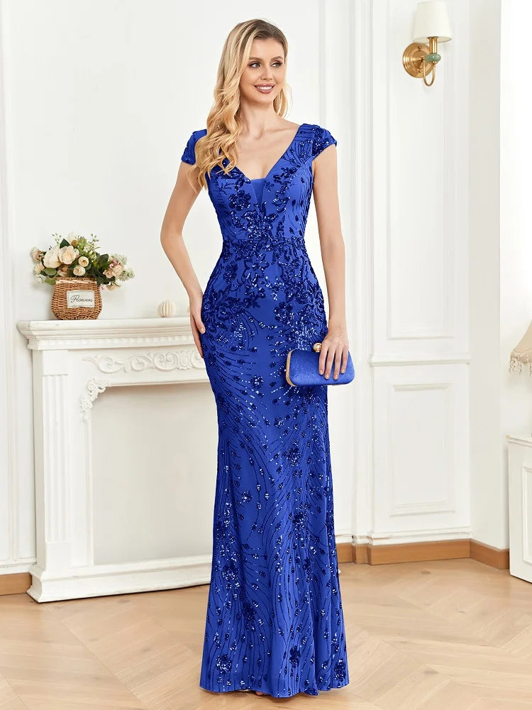 Robe de soirée sirène brodée col V – CLEVI Paris