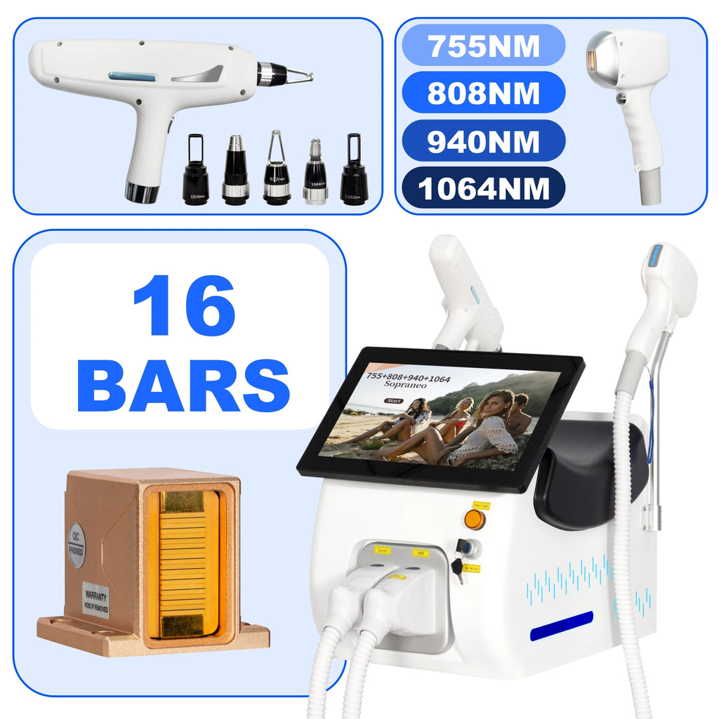Machine Portable 2-en-1 Laser Diode FAC Picoseconde 5000W 4 Longueurs d’Onde 755/808/940/1064nm Épilation & Détatouage – CLEVI Paris