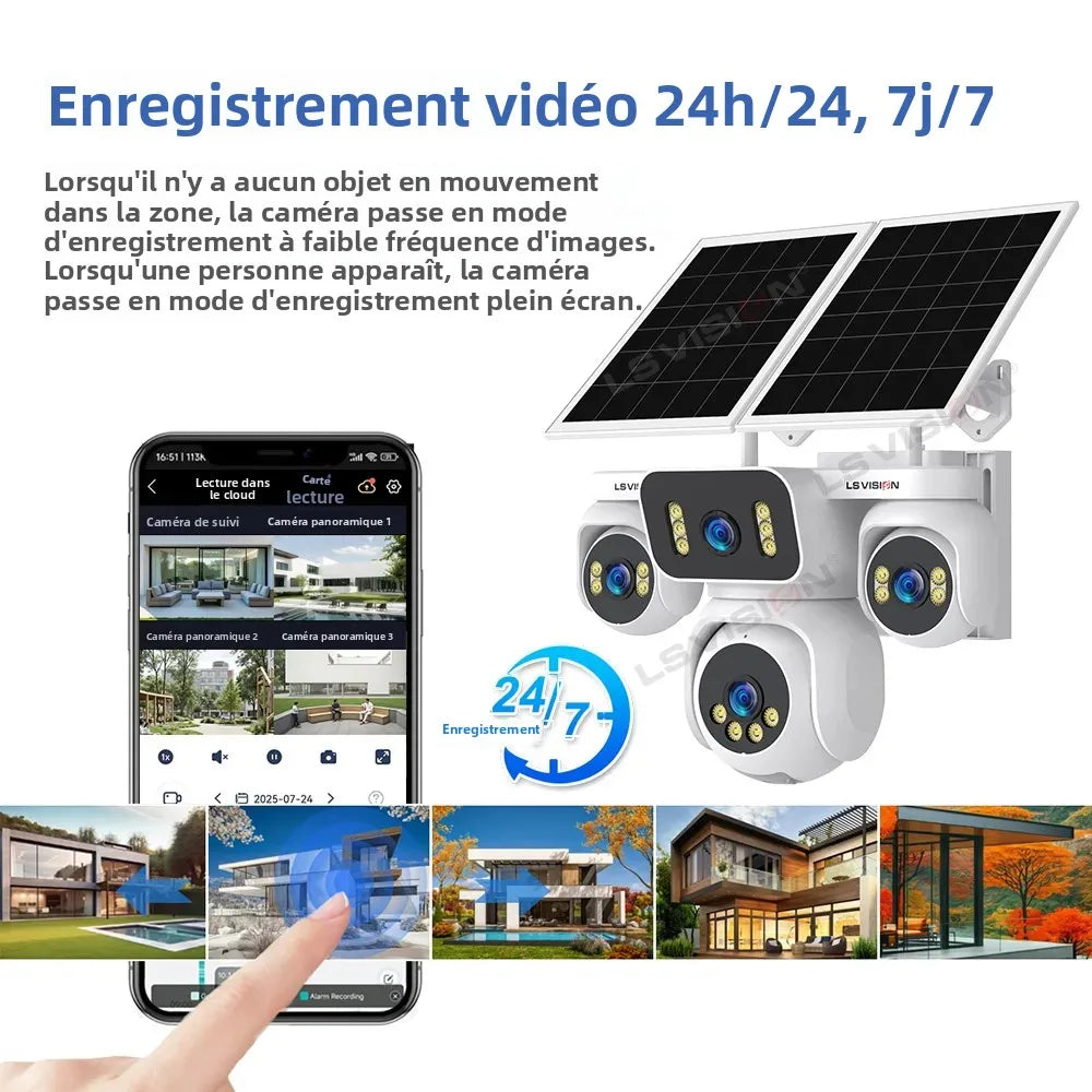 Caméra Solaire 4G PTZ 4 Objectifs 20MP – Zoom Optique 12x Batterie 16000mAh Panneau 20W Enregistrement 24/7 IP66 – CLEVI Paris
