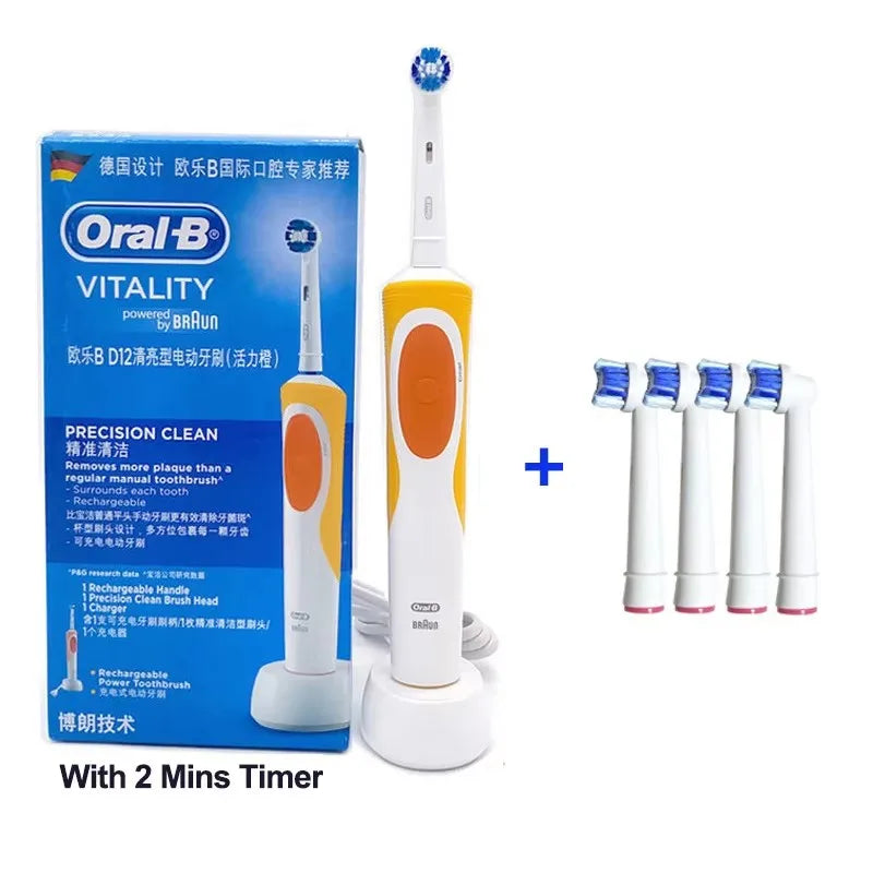 Brosse à Dents Électrique Oral-B D12 – Vibration Rotatoire 2D, IPX7, Minuterie 2 min – 4 Têtes Offertes