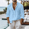 Chemise Homme Coton Lin Manches Longues Col Rabattu Style Casual Plage Respirante – CLEVI Paris