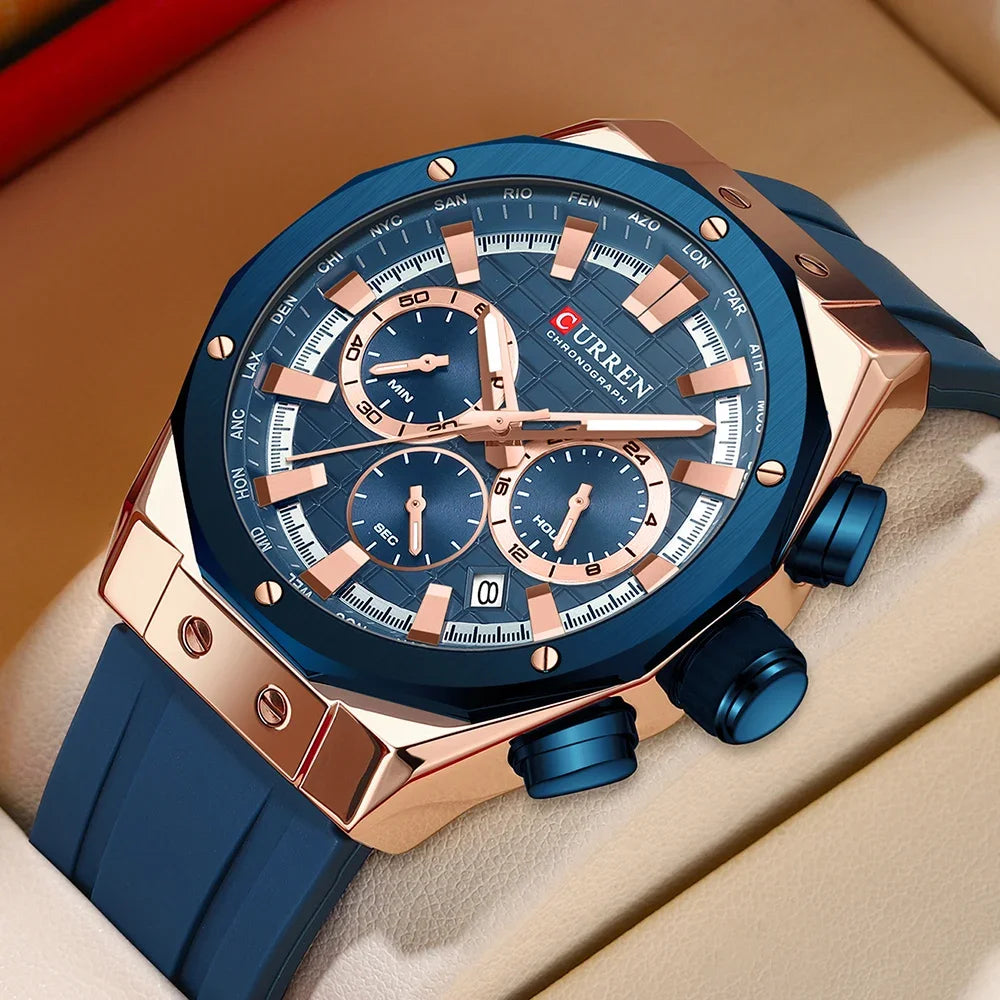 Montre Quartz Homme CURREN 8464 – Chronographe Lumineux, Silicone & Écrin | 10 Coloris