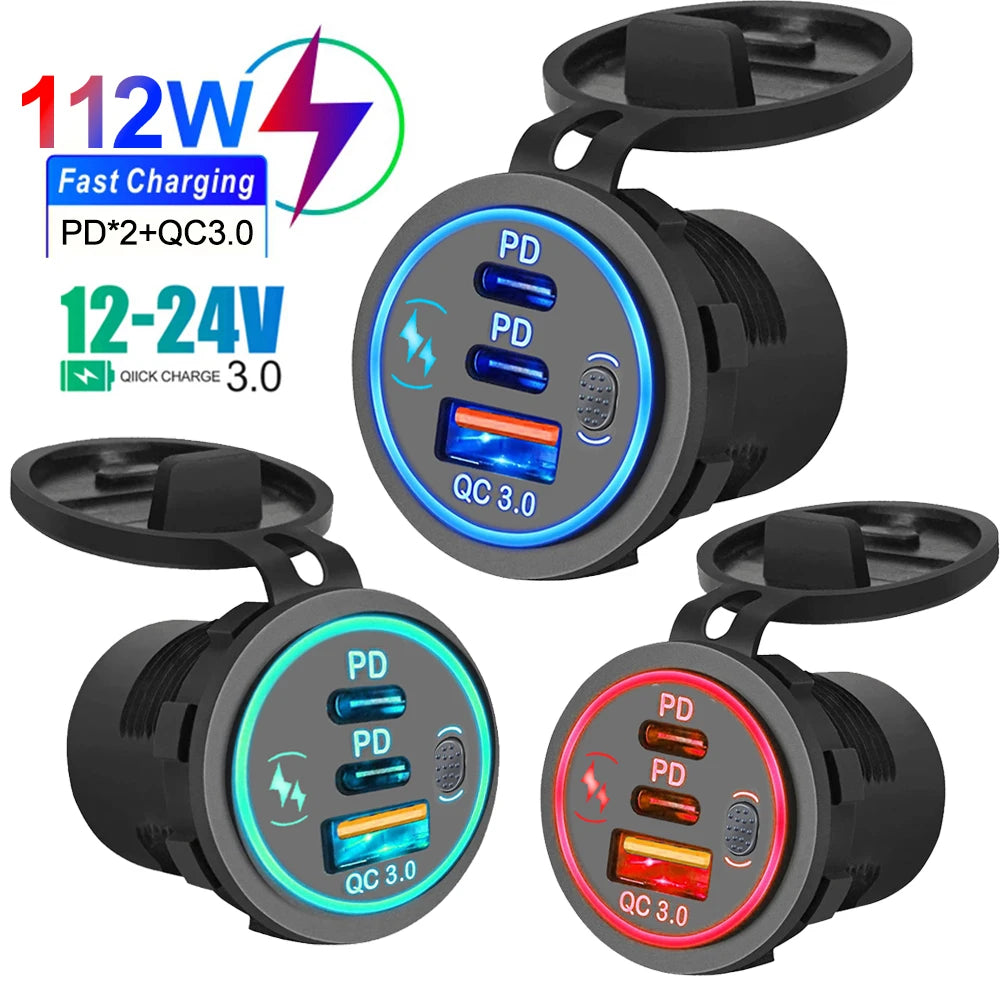 Prise Chargeur USB Voiture 78W PD3.0 QC3.0 Double Port USB-C Étanche LED 12V/24V – CLEVI Paris