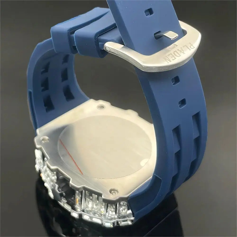 Montre Homme PLADEN Hip Hop – Cadran Carré Diamant, Bracelet Silicone, Style Luxe Urban