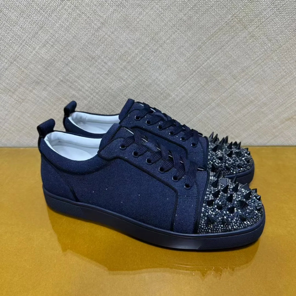 Sneakers Luxe Cuir Véritable Bleu Encre – Diamants & Semelle Rouge, Unisexe, Tailles 35-48 – CLEVI Paris
