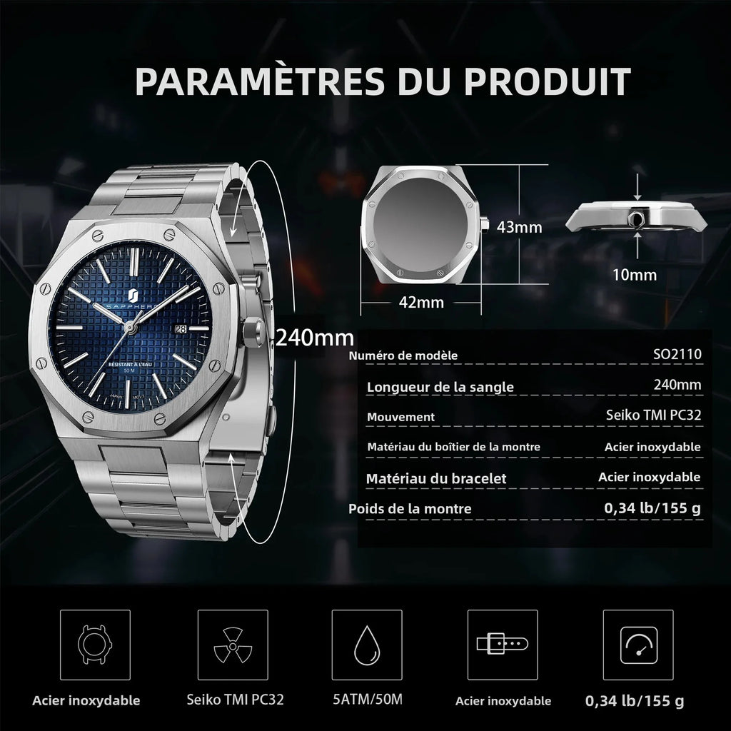 Montre SAPPHERO SO2110 – Quartz Seiko TMI PC32, Acier 316L, Cadran Octogonal, Date, Aiguilles Lumineuses, Étanche 5 ATM – CLEVI Paris