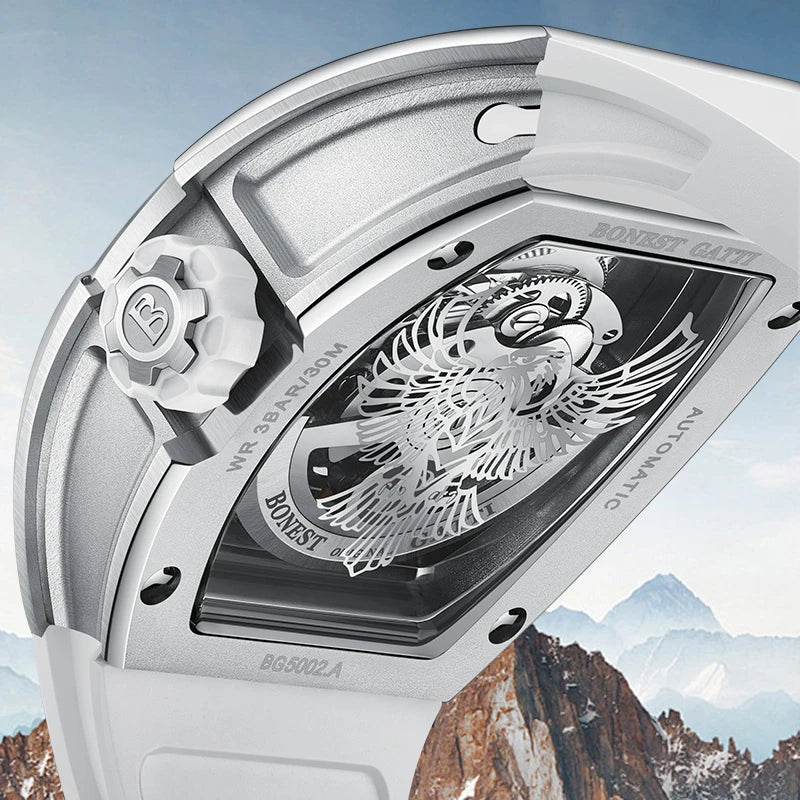 Montre BONEST GATTI BG5002 – Automatique Tonneau 45 mm, Cadran Aigle Lumineux, Verre Saphir, Bracelet Caoutchouc, Étanche 3 ATM – CLEVI Paris