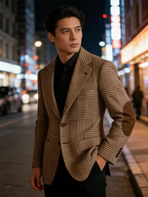 Blazer Homme Tweed Carreaux Rétro Slim Fit Patches Coudes Bureau Casual – CLEVI Paris