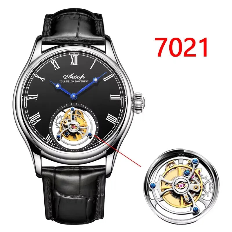 Montre AESOP Tourbillon Volant – Mécanique Squelette Double Face, Verre Saphir, Acier Inoxydable, Cuir, Étanche 5 ATM – CLEVI Paris