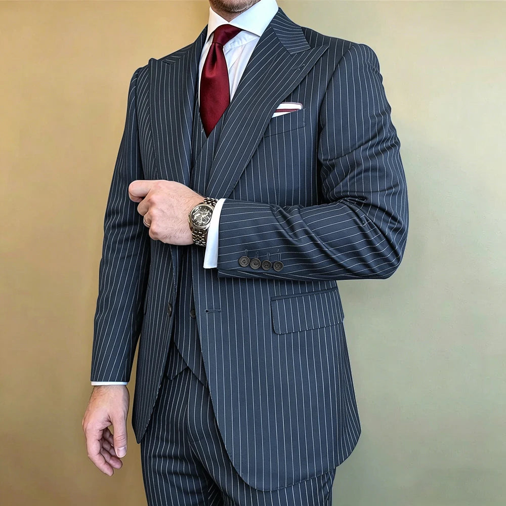 Costume 3 Pièces Homme Rayures – Blazer Slim Revers Pointu + Gilet + Pantalon | Business & Mariage | S-5XL