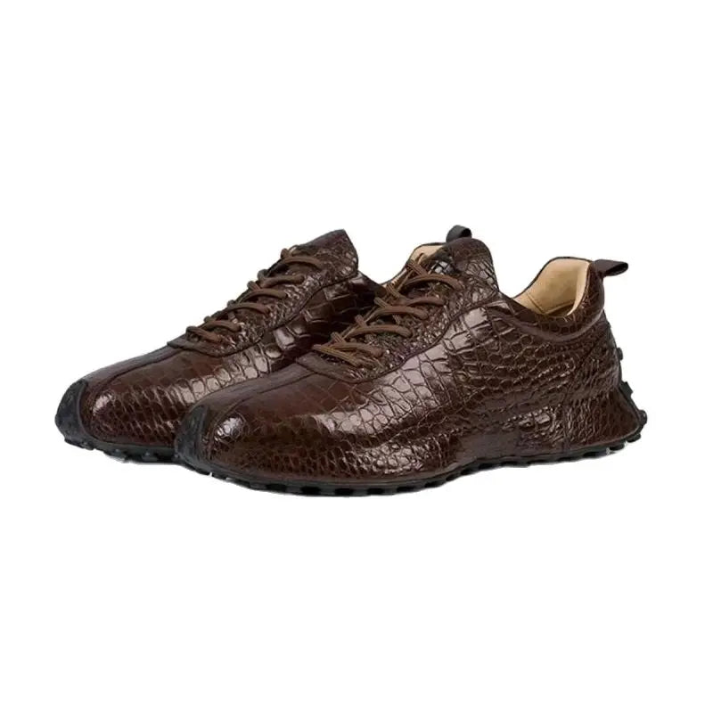 Sneakers Homme Cuir Croco Véritable – Bout Rond, Lacets | Noir ou Marron | Tailles 38–44