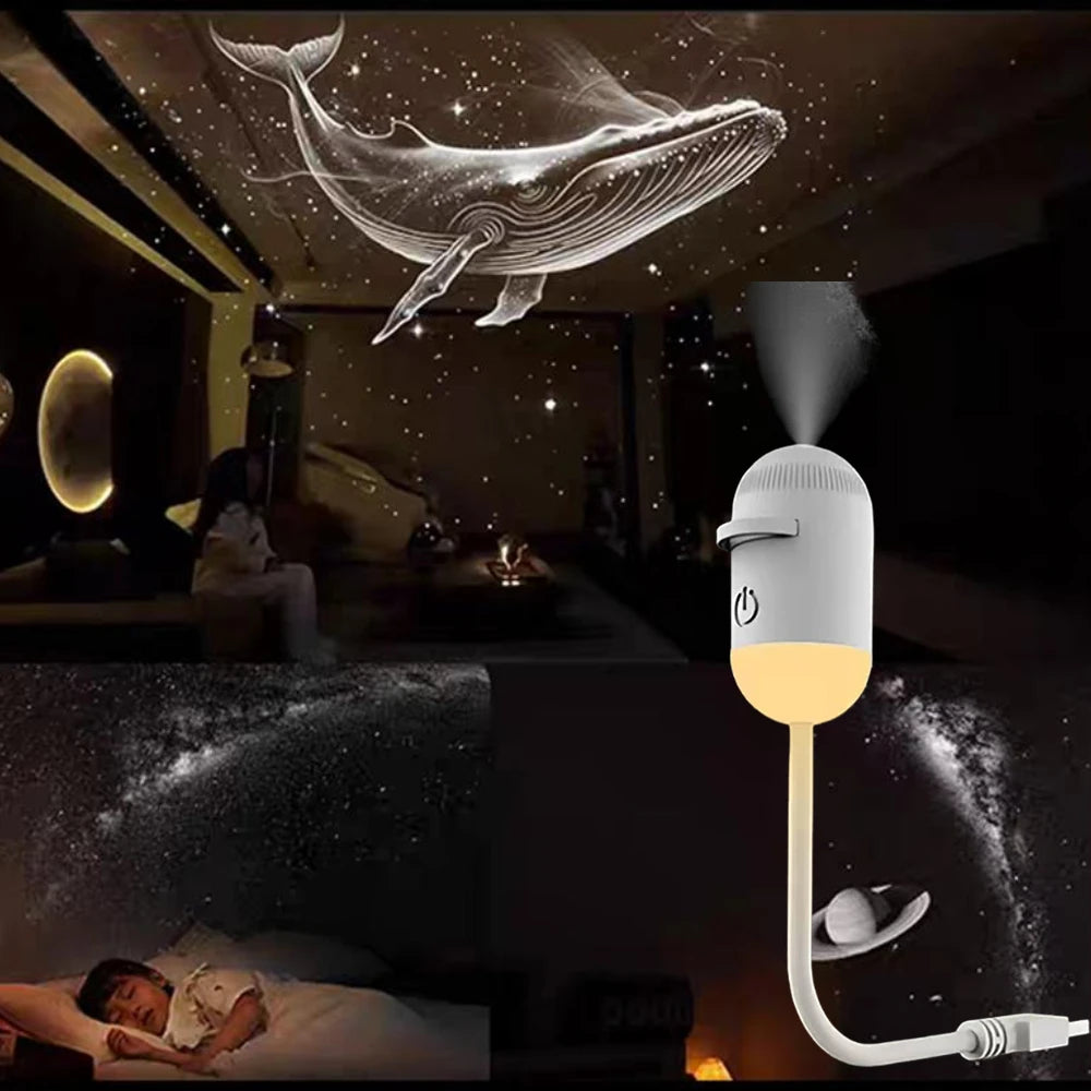 Projecteur Étoiles 2-en-1 LED Galaxy – Veilleuse USB Rechargeable, Rotation 360°, Films Interchangeables, Tactile, Chambre & Déco