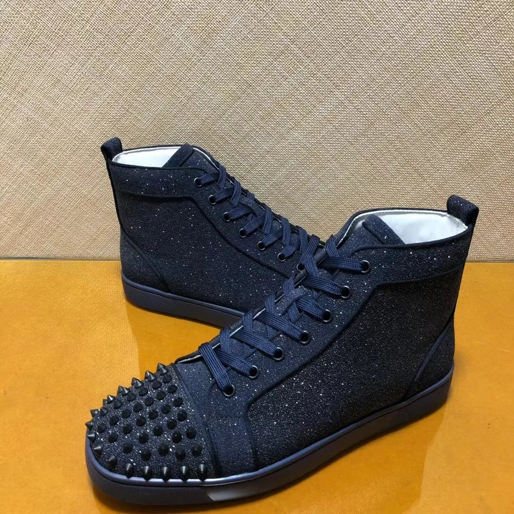 Sneakers Montantes Cuir Véritable Bleu Encre Rivets Noirs Semelle Rouge Homme – Tailles 35-48 – CLEVI Paris