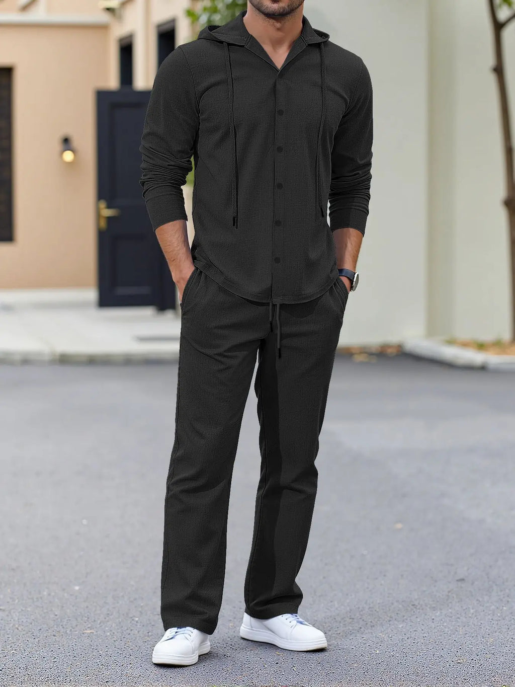 Ensemble Homme Chemise Lin À Capuche Manches Longues + Pantalon Cordon Casual Streetwear Voyage – CLEVI Paris