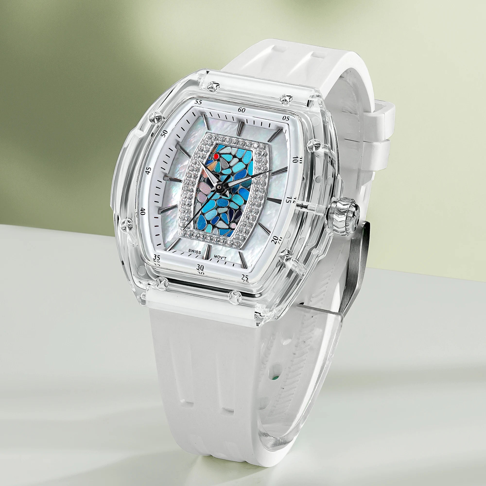 TSAR BOMBA TB8219 Montre Femme Quartz Suisse Nacre Zircons Boîtier Acrylique Bracelet Fluoroélastomère – CLEVI Paris