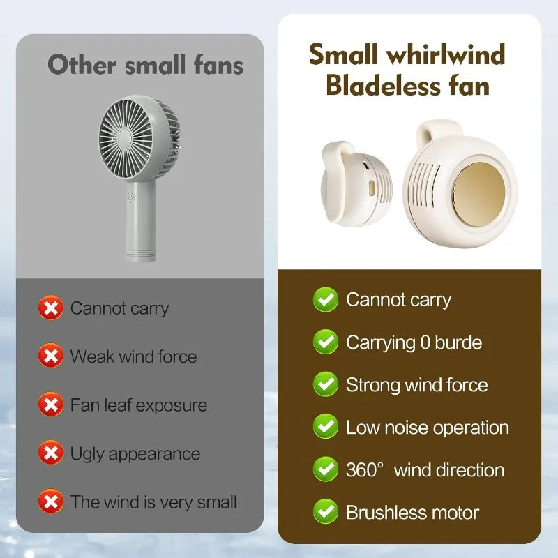 Mini Ventilateur Portable Sans Lames USB – 60 Pales, Flux 360°, Silencieux, Batterie 900mAh – Rose / Blanc / Vert