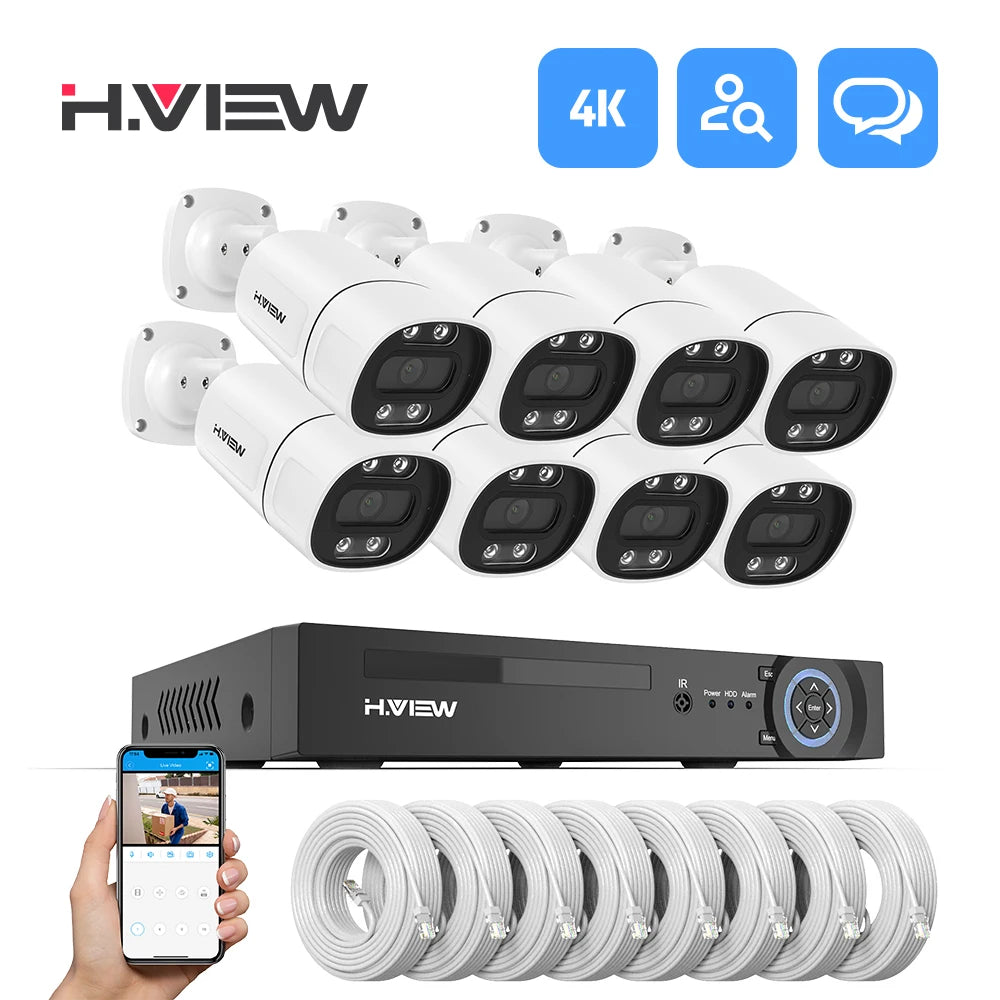 Kit Vidéosurveillance POE H.View 4K – Caméras 5MP/8MP, NVR 8CH H.265, Détection de Personnes, Vision Nocturne Couleur, Audio Bidirectionnel