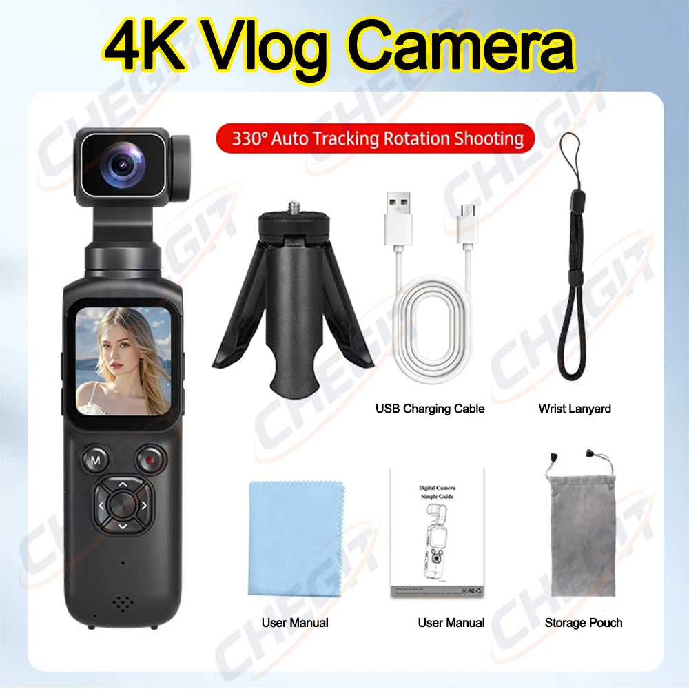 Caméra Vlog 4K Pocket – Rotation 330°, Suivi Facial, Gimbal & Écran Tactile 1,72" – CLEVI Paris