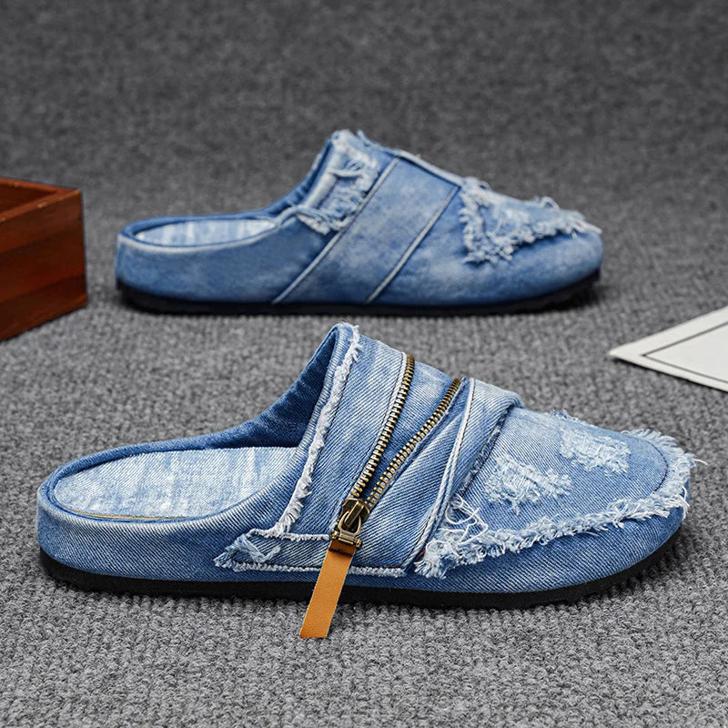 Mules Denim Homme Bleu Jean Effiloché Fermeture Éclair N-6 – CLEVI Paris